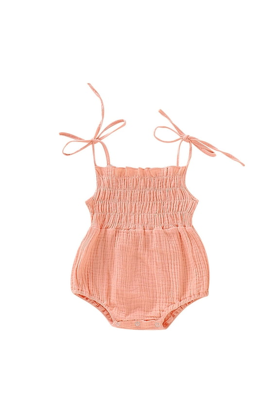 Newborn Baby Toddler Girls Bodysuits Adjustable Spaghetti Strap Smocked Cotton Crepe Lace One-Piece Romper Jumpsuits Babydoll Onesie Pink,0-3 Months