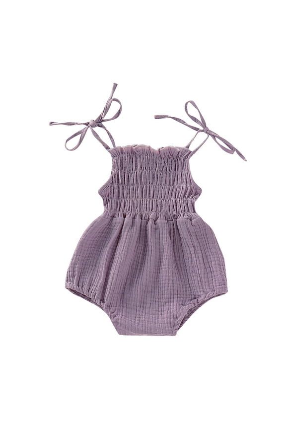 Newborn Baby Toddler Girls Bodysuits Adjustable Spaghetti Strap Smocked Cotton Crepe Lace One-Piece Romper Jumpsuits Babydoll Onesie Purple,3-6 Months