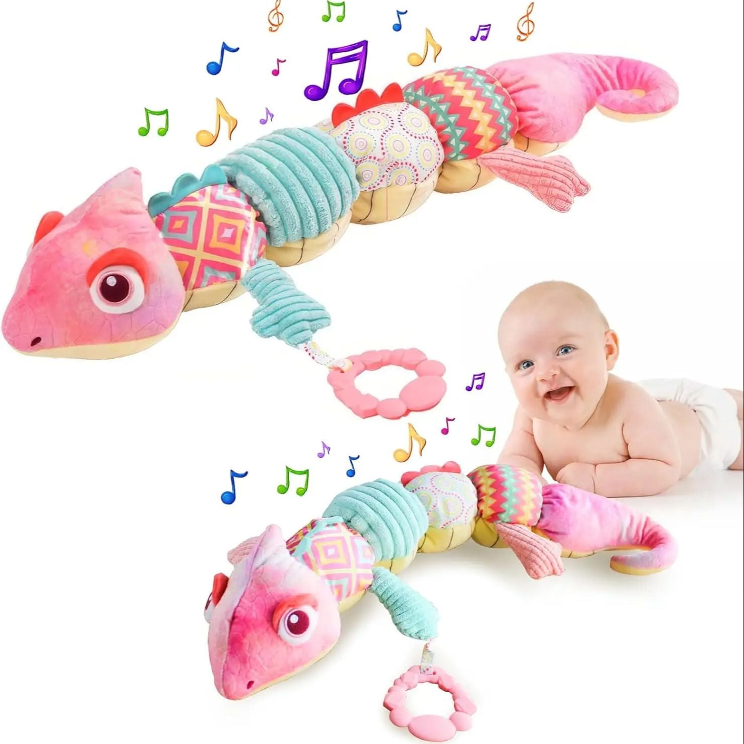 Newborn Baby Toys 0-12 Months - Musical Stuffed Dinosaur Plush, Multi-Sensory Crinkle Rattles & Textured Design, Tummy Time Early Development Gift for Infant