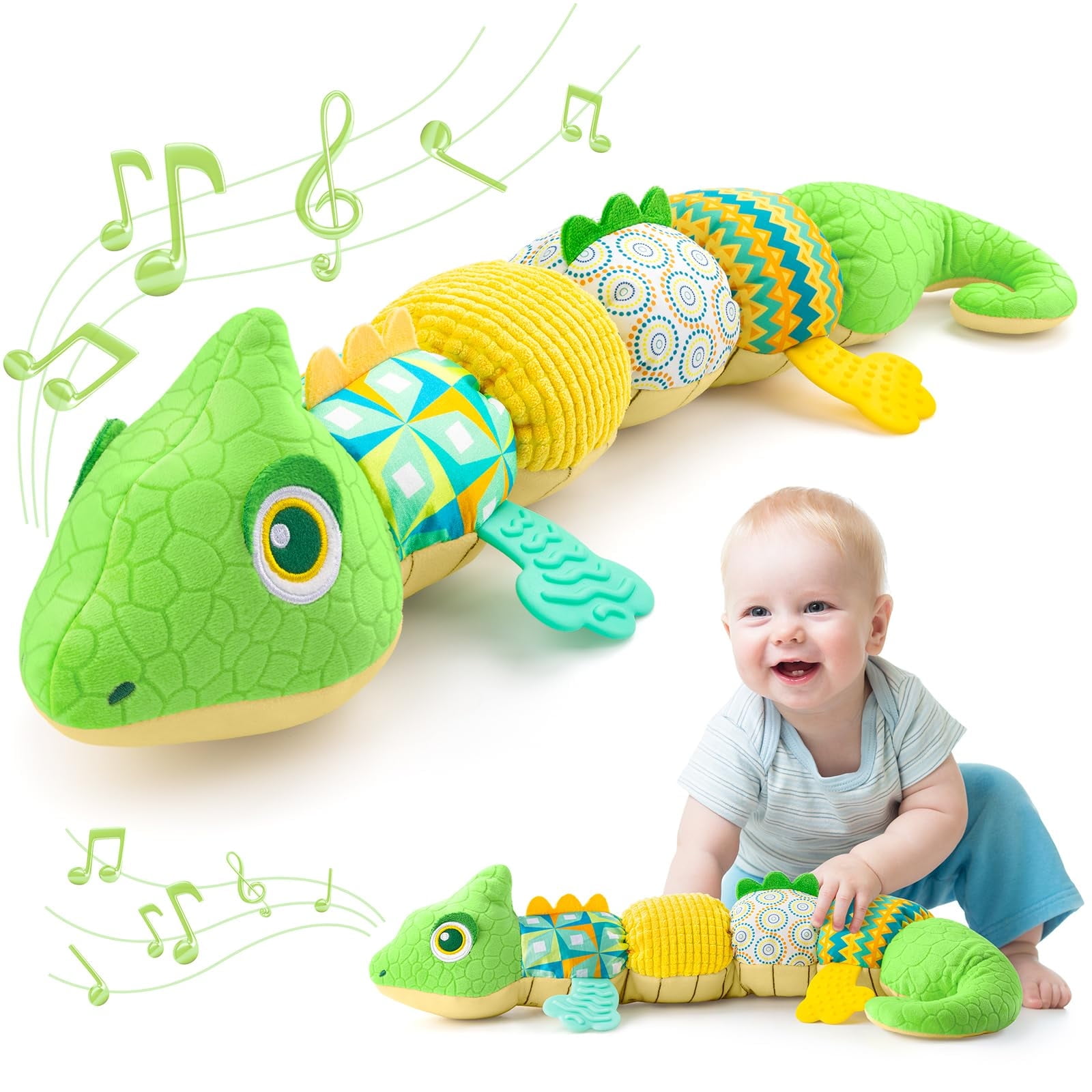 Newborn Baby Toys 0-12 Months - Musical Stuffed Dinosaur Plush, Multi-Sensory Crinkle Rattles & Textured Design, Tummy Time Early Development Gift for Infant Girls
