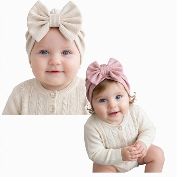 Newborn Baby Turban Hat with Bow for 0-12 Months Toddler Kids Soft Stretchy Head Wrap Newborn Infant Boys Girls Light Purple & Khaki Beanie