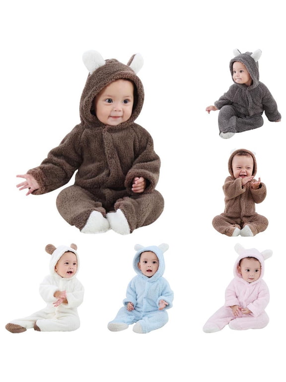 Newborn Baby Unisex Hooded Pramsuit Fleece Footed Jumpsuit Bear Snowsuit Winter Coat 0-12 Months