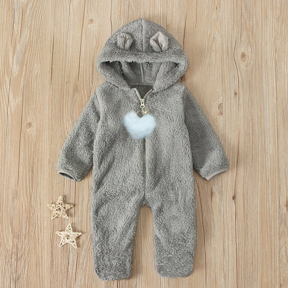 Newborn Baby Winter Hooded Romper, Cartoon Zipper Footie Fleece Snowsuit Jumpsuit Outfits Gray 6-9 Months