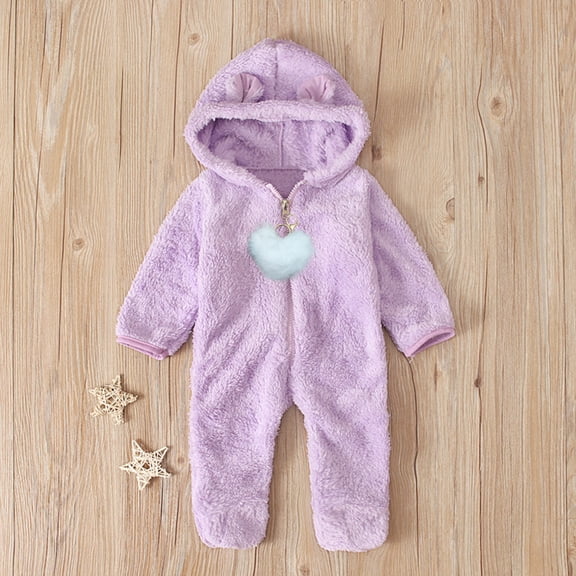 Newborn Baby Winter Hooded Romper, Cartoon Zipper Footie Fleece Snowsuit Jumpsuit Outfits Purple 3-6 Months