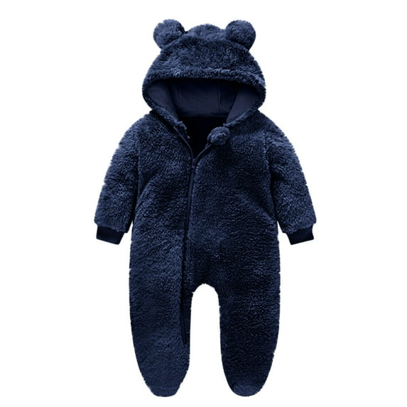 Newborn Baby Winter Snowsuit - Bear Outfit Fleece Warm Jumpsuit Romper Hooded Clothes for Infant Girls Boys Dark Blue 3-6 Months