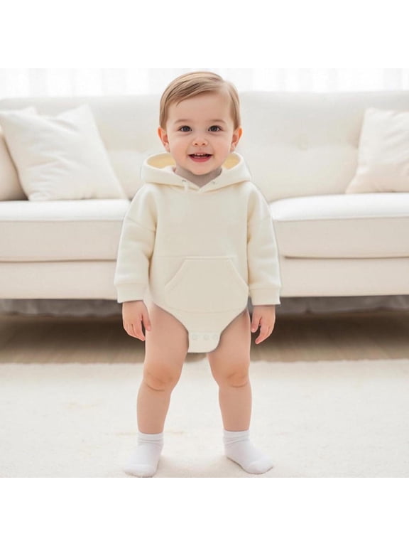 Newborn Baby Winter Solid Hooded Crotch Snap Onesie, Soft Warm Long Sleeve Bodysuit Romper For Boys Girls Beige 0-3Months