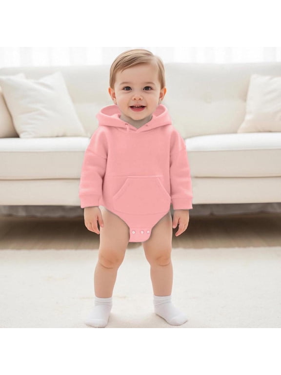 Newborn Baby Winter Solid Hooded Crotch Snap Onesie, Soft Warm Long Sleeve Bodysuit Romper For Boys Girls Pink 0-1Years