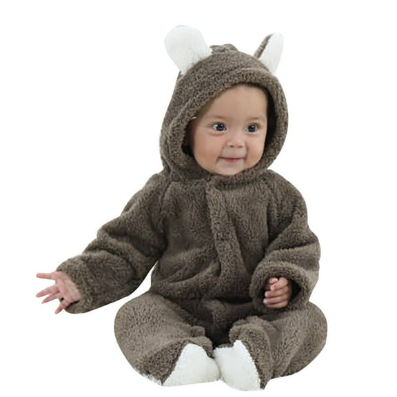 Newborn Bear Fleece Jumpsuit Unisex Button Up Long Sleeve Cozy Hooded Romper Infant Baby Boy Clothes, Brown, 3 Months