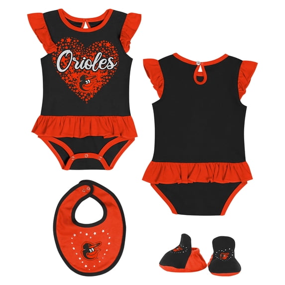 Newborn Black Baltimore Orioles Fan Cheer Bodysuit, Bib & Bootie Set