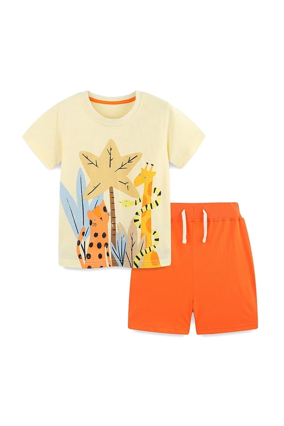 Boy Clothing Set Cotton Summer Short Sleeve Cartoon Print T-Shirt and Short Home Clothes Fashion Two Piece Set Orange,5-6Y