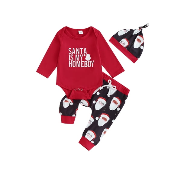 Newborn Boy Girls Christmas Outfit Baby Christmas Letter Print Romper Pants Hat Sets 3Pcs Fall Winter Clothes 0-2T