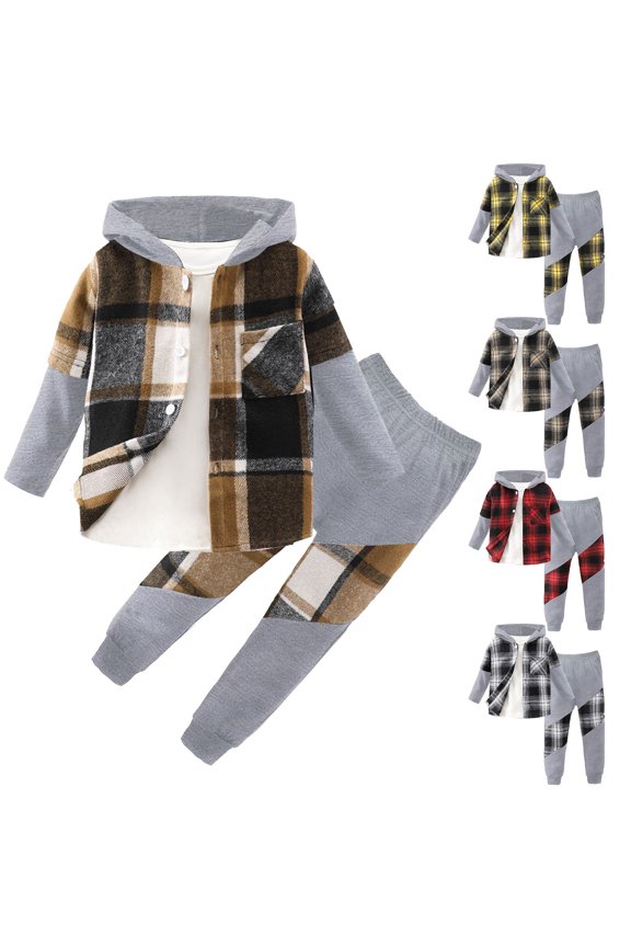 Boy Outfits Boys Long Sleeve Patchwork Plaid Hooded Shirt and Pants Casual Set Boys' Clothing Sets Black 2-3 Years
