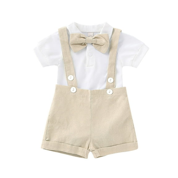Newborn Boy Outfits Formal Suit Set Short Sleeve Suspenders Shorts Bowtie Wedding Tuxedo Outfits Infant Boy Clothes Beige 6 Months-12 Months