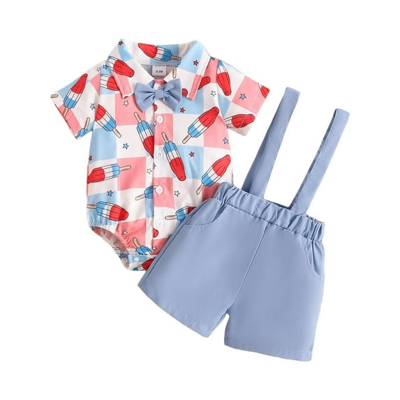 Boy Outfits Independence Day Gentleman Polyester Letter Short Sleeve Shirts Overall 2 Piece Baby Boy Clothes Pink 3 Months-6 Months
