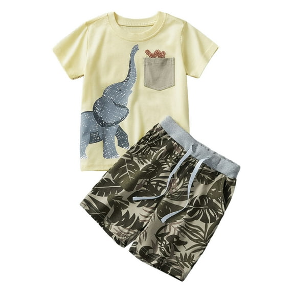 Boy Outfits Short Sleeve Prints T Shirt Tops Shorts Child Kids 2Pc Set Outfits Clothes Baby Boy Clothes Beige 4 Years-5 Years