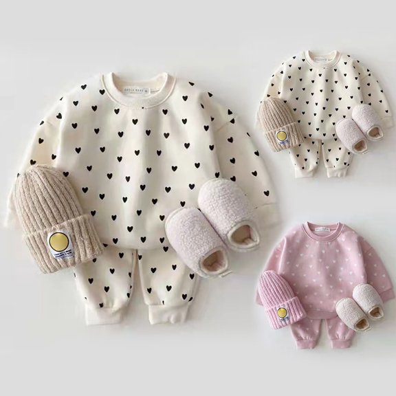Boy Outfits Toddler Baby Fall Long Sleeve Heart Print Sweatshirt and Pants Set Boys' Clothing Sets Beige 18-24 Months