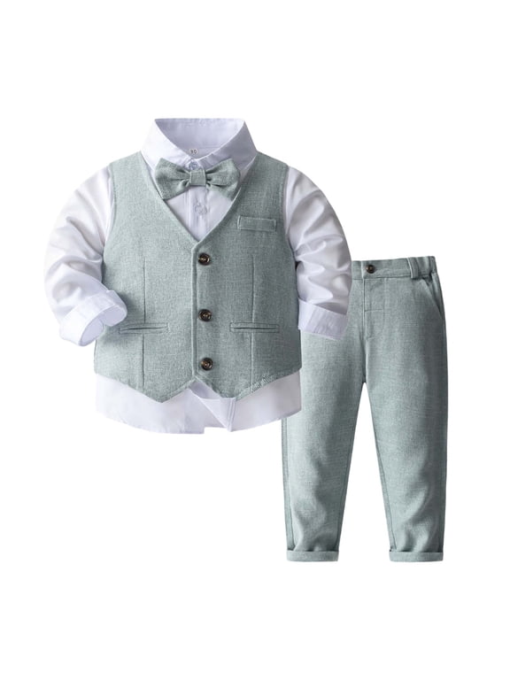 Boy Outfits Toddler Kids Boys Solid 4 Piece Suit Set Shirt + Vest + Dress Pants + Bow Tie Breathable Lightweight Toddler Outfits for Boys Light Green 2 Years-3 Years