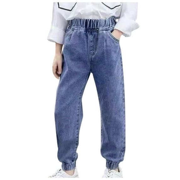Newborn Boy Pants Spring and Summer Cute Print Girls Pocket Elastic Waist Comfy Full Length Pants Jeans New Baby Boys' Jeans Blue 8T