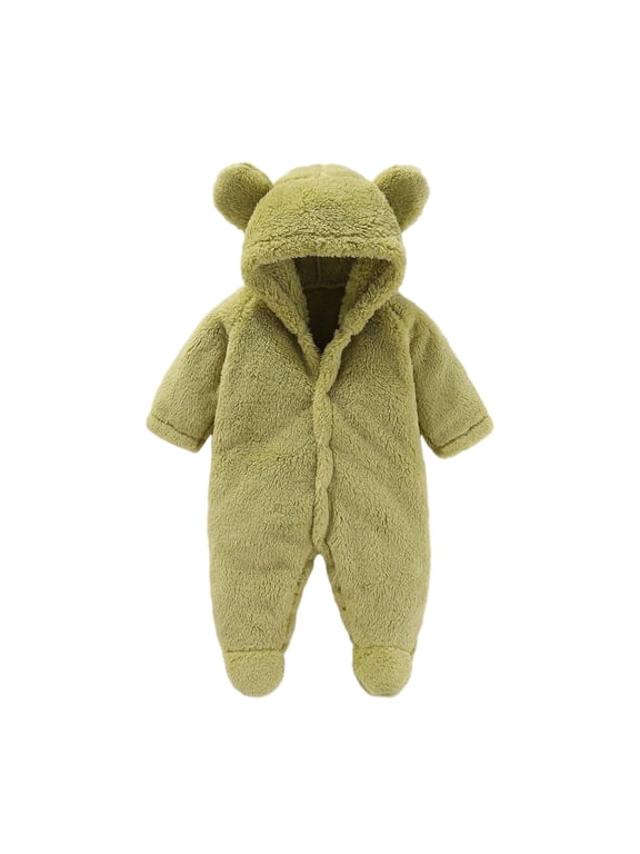 Newborn Boys Girls Footed Snowsuit Jumpsuit Infant Hooded Onesies Bodysuits Fuzzy Long Sleeve Romper Winter Warm Outwear 3-18Months