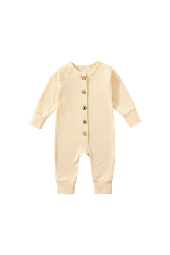 Newborn Boys Girls Romper Button Down Long Sleeve One Piece Onesies Cotton Comfy Soft Casual Jumpsuit (9 Months, Beige)