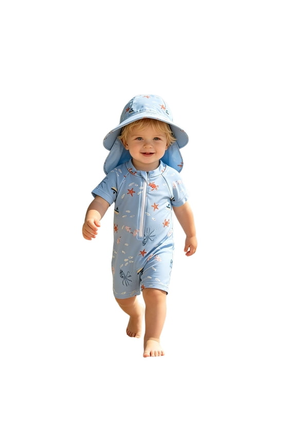 Newborn Boys Swimsuit Two Pieces Long Sleeve Rash Guard Bathing Suits Long Sleeve With Zipper And Swim Cap Featuring Boat And Prints Swimwear Sets Size 0-3 Months