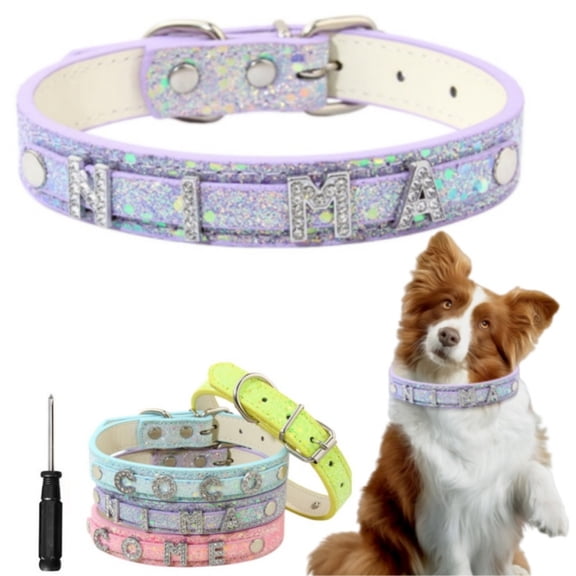 Newborn Brand Personalized Dog Collar with Name , Adjustable Custom Rhinestone Bling Sparkly PU Leather Collars for Small Medium Large Dogs