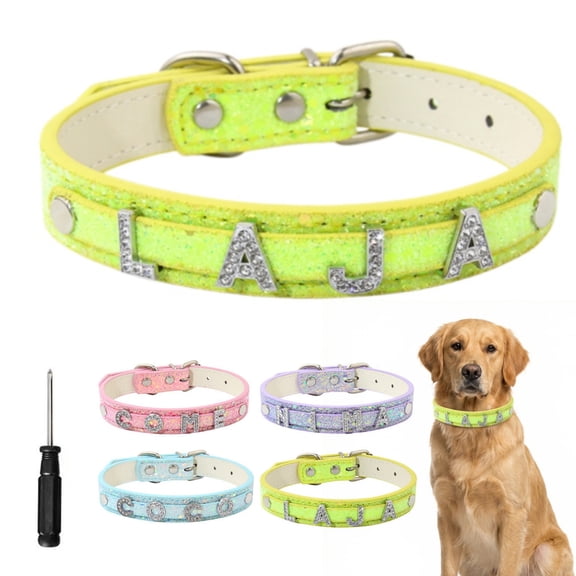 Newborn Brand Personalized Dog Collar with Name , Adjustable Custom Rhinestone Bling Sparkly PU Leather Collars for Small Medium Large Dogs