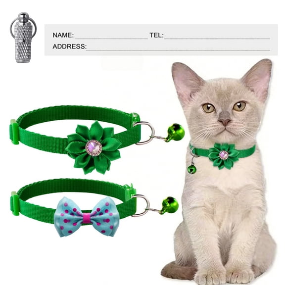 Newborn Brand 2 Packs Breakaway Cat Collar With Bell,Nylon Kitten Bow Tie Collar and Flower Collar,7 inch~12 inch With 1 ID Tag (2 Cat Collars+ 1 ID Tag),Grass Green