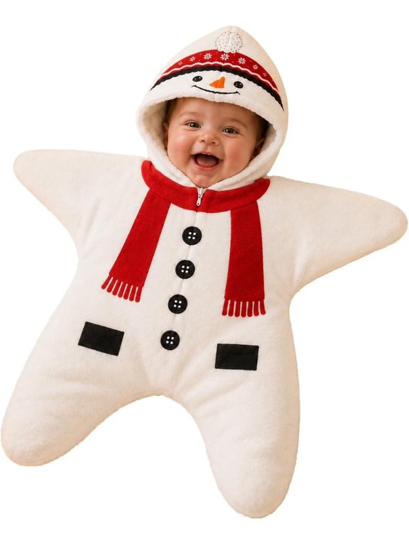 Newborn Christmas Starfish Romper Fleece Hooded Jumpsuit, Festive Christmas Element Printed Sleepwear Cute Toddler Winter Holiday Outfits