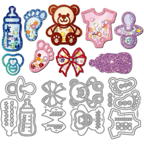 Newborn Die Cuts for Card Making Cute Bear Tie Footprints Metal Cutting Dies Onesie Embossing Cutting Stencil for Scrapbooking Craft Paper Birthday Card Gift Decoration Stainless Steel Color