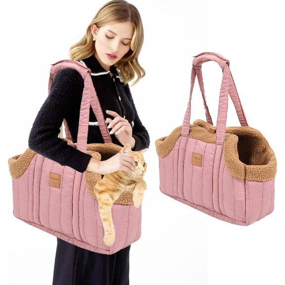 Newborn Dog Purse Carrier for Puppy,Small Dogs, Cats, Winter Fleece Warm Dog Tote Bag with Secure Harness Clip , Pet Travel Shoulder bag,Pink