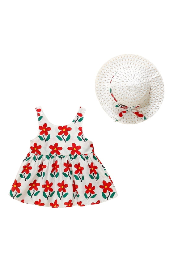 Newborn Dress Outfit Girl Sleeveless Dress with Hat Trendy Flower Dance Party Dresses Flower Girl Dresses For girls,9-12 Months