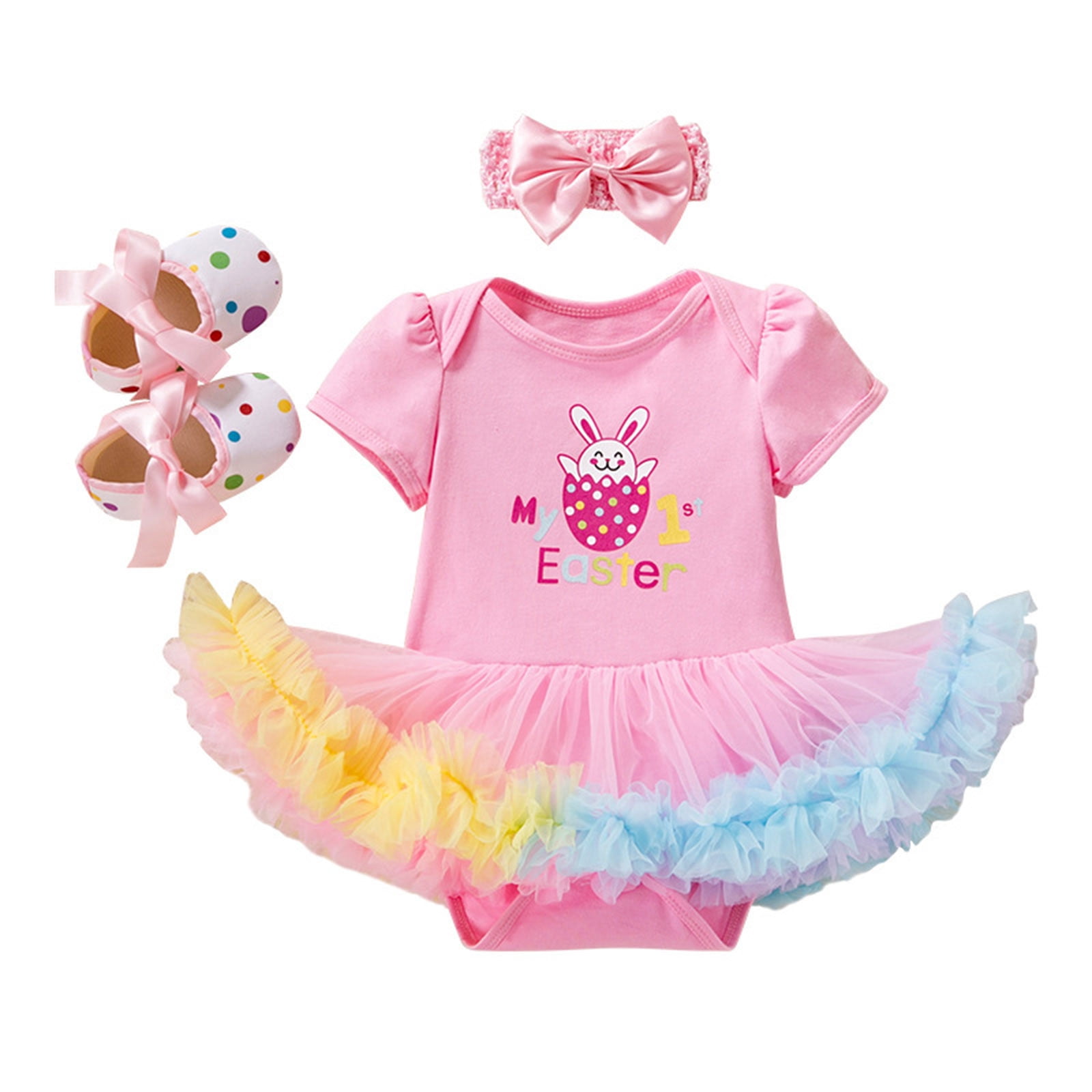Easter Outfit Girl Baby Girls My 1St Easter Bunny Eggs Print Romper Tutu Dress Headband Shoes 3 Piece Outfit My First Easter Pink 0 Months-3 Months