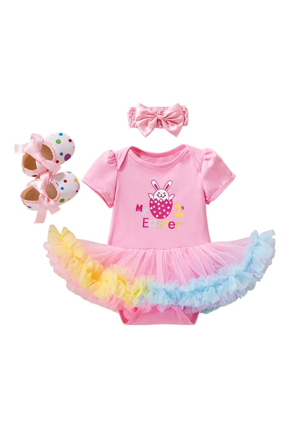 Easter Outfit Girl Baby Girls My 1St Easter Bunny Eggs Print Romper Tutu Dress Headband Shoes 3 Piece Outfit My First Easter Pink 0 Months-3 Months