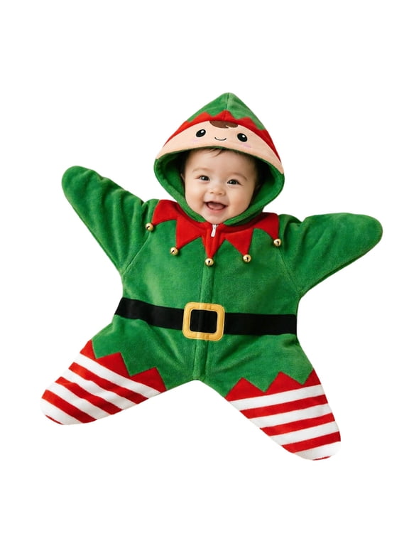 Elf Star Cut Hooded Festive Winter Nightwear Romper Cosy Jumpsuit 0-3 Months