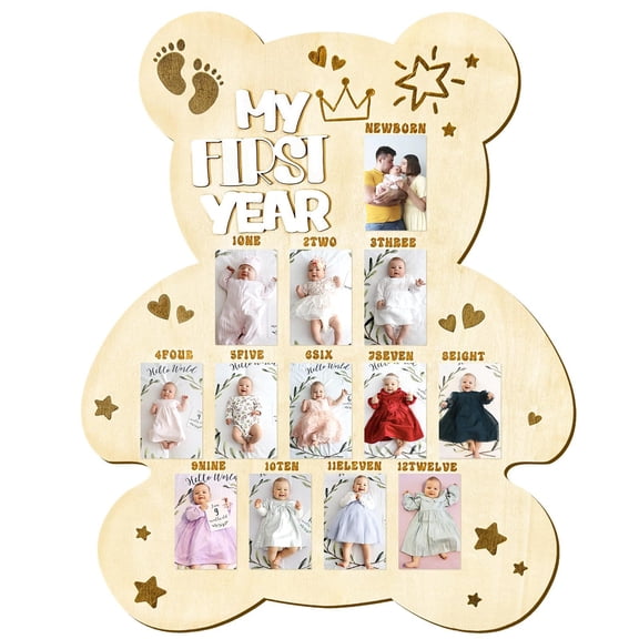 Newborn First Year Milestone Photo Frame, Wooden Baby Growth Memory Month Board, 17x13 Inches, Bear & Bottle Design, Multiple Styles for Baby Shower/Full-Month Gift, Nursery Decoration