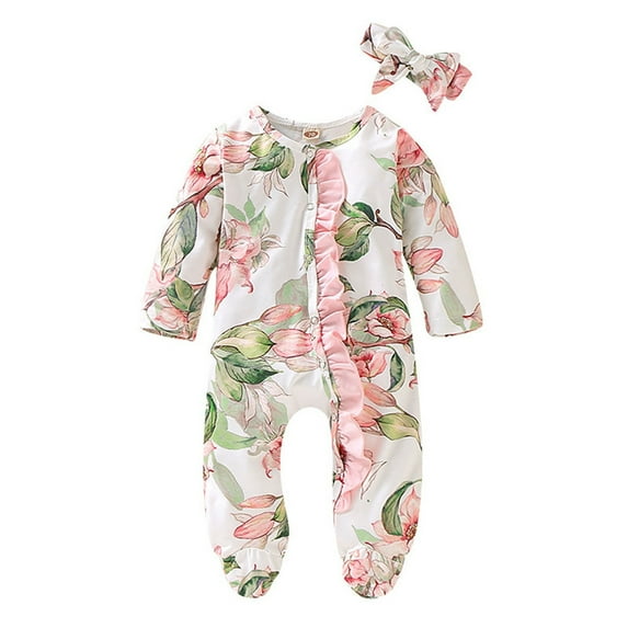 Newborn Footie Pajamas Newborn Ruffle Floral Footed Sleeper Romper Outfits Headband Clothes Set Onesies White 12 Months-18 Months