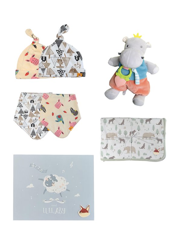Newborn Gift Box - Blanket, 5 Pack of Socks, Bibs, Handmade Hippo Toy, and Gift Box Included