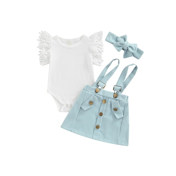 Newborn Girl 3PCS Outfits Flying Sleeve Solid Color O-Neck Romper + Suspender Buttons Shorts + Decorative Hairband