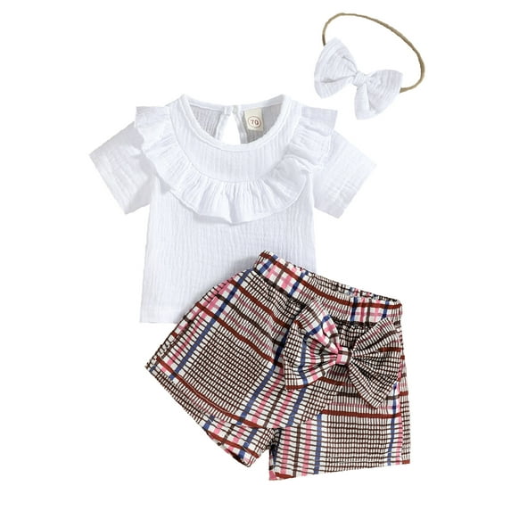 Newborn Girl 3PCS Outfits Short Sleeve Solid Color Ruffles Tops + Bowknot Plaid Short Pants + Hairband