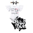 thumbnail image 1 of Newborn Girl 3Pcs Outfits Flying Sleeve Cow Letter Print Round Neck Romper Sweet Bowknot Ruffles Shorts Set with Headband, 1 of 9