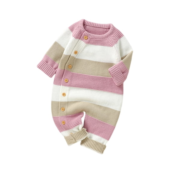 Newborn Girl Boy Striped Sweater Romper Cute Button Up Knitted Jumpsuit Infant Long Sleeve One-Piece Sleepwear Clothes 1-18Months