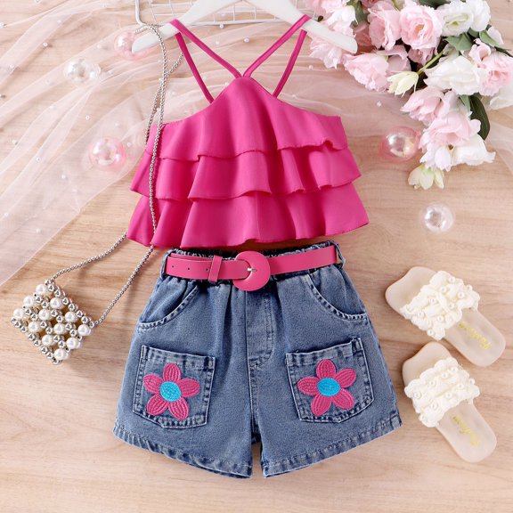 Girl Clothes Summer Solid Sleeveless Ruffle Top with Floral Denim Shorts 2 Piece Set Girls Spring Outfits Red 2-3 Years