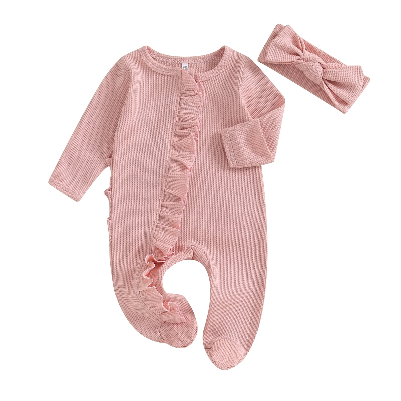 Newborn Girl Cozy Footies Rompers Infant Baby Frills Crew Neck Long