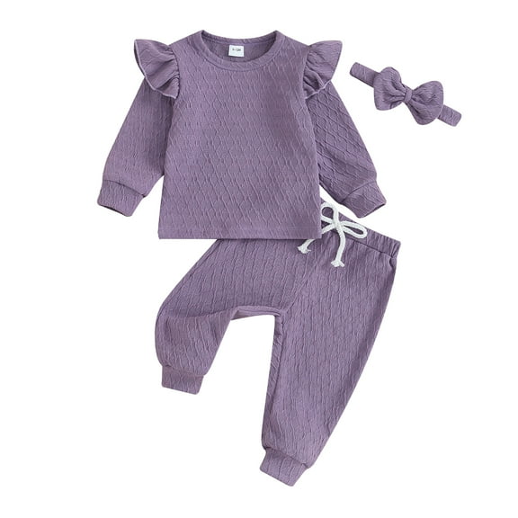 Newborn Girl Fall Outfits 3 6 9 12 18 24 Months 3Pcs Baby Girl Clothes Set Solid Color Crew Neck Long Sleeve Sweatshirts Long Pants Headband