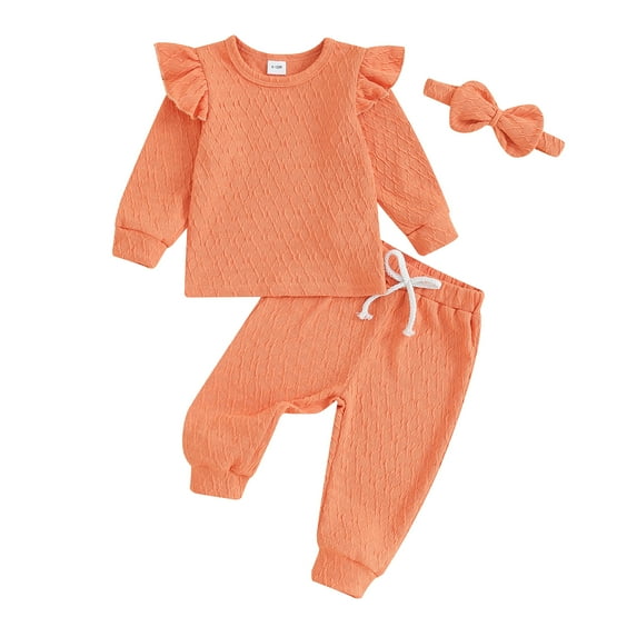 Newborn Girl Fall Outfits 3 6 9 12 18 24 Months 3Pcs Baby Girl Clothes Set Solid Color Crew Neck Long Sleeve Sweatshirts Long Pants Headband