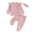 thumbnail image 1 of Newborn Girl Fall Outfits 3 6 9 12 18 24 Months 3Pcs Baby Girl Clothes Set Solid Color Crew Neck Long Sleeve Sweatshirts Long Pants Headband, 1 of 10