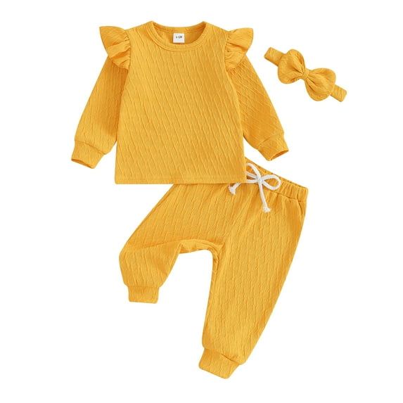 Newborn Girl Fall Outfits 3 6 9 12 18 24 Months 3Pcs Baby Girl Clothes Set Solid Color Crew Neck Long Sleeve Sweatshirts Long Pants Headband