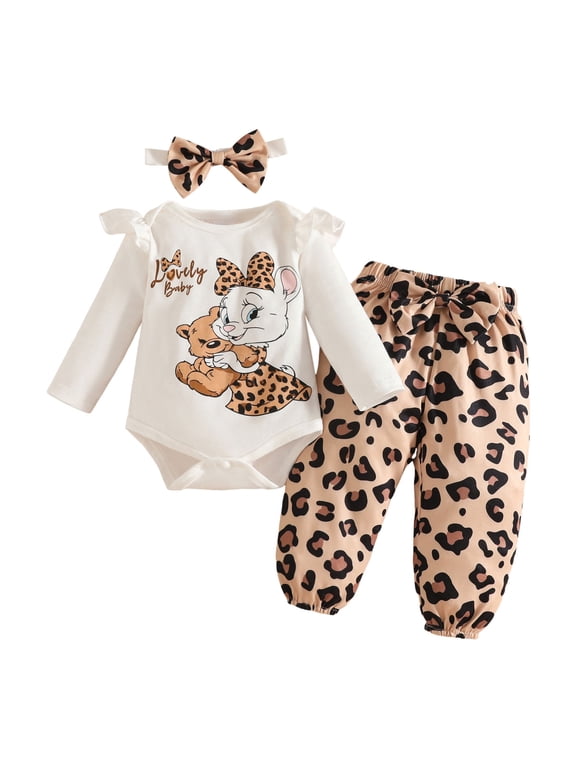 Newborn Girl Fall Winter Outfits Pants Set Preemie Infant Clothing Long Sleeve Ruffle Romper + Bow Leopard Print Pants Clothing Sets for Newborn Baby Girl 0 3 6 9 12 18 24 Months