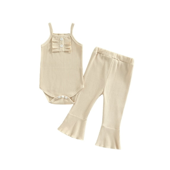 Newborn Girl Long Pants Outfits Solid Color Sleeveless Ruffles Decor Romper Elastic Waist Flare Pants Set